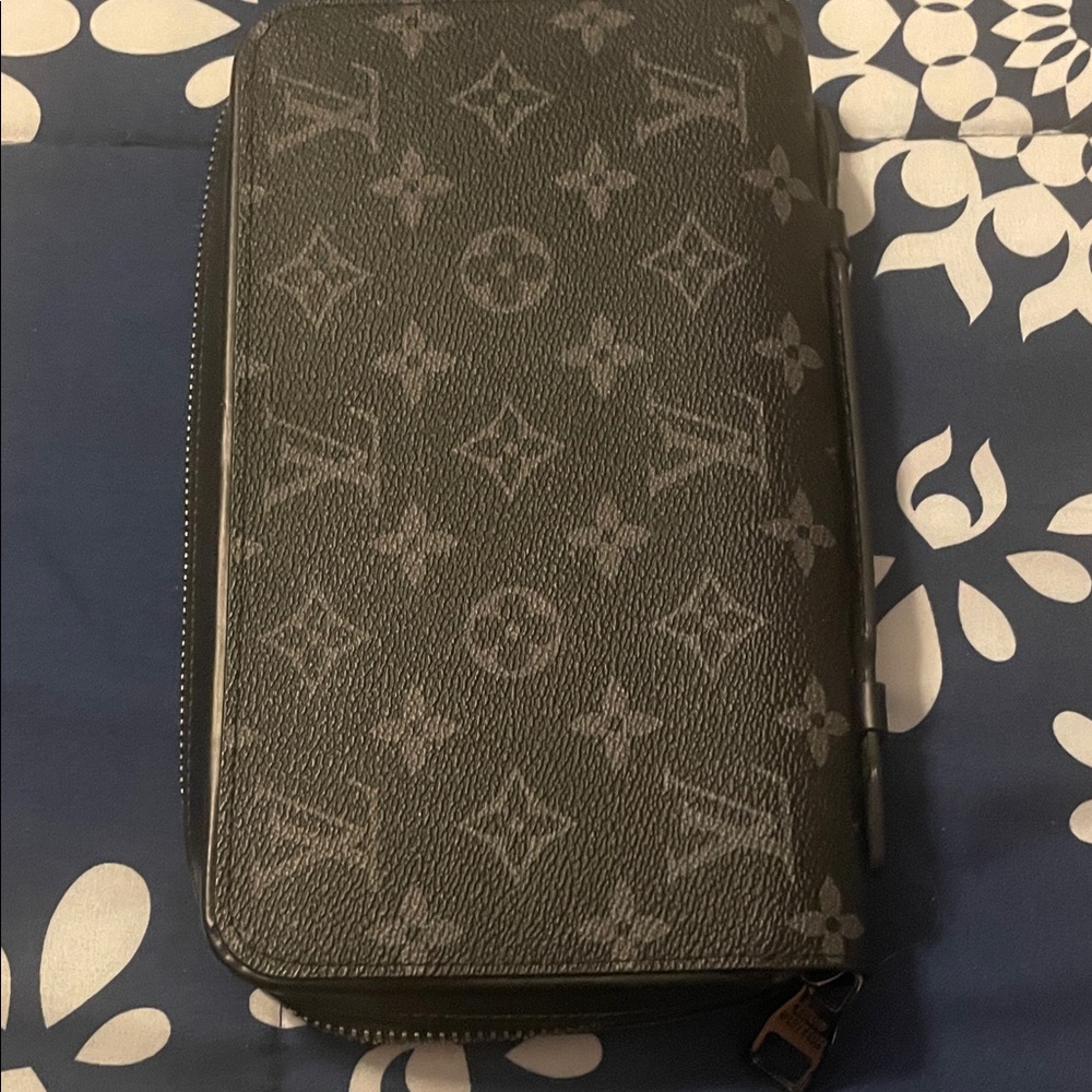 Black and Gray Monogram Zipper Wallet Large